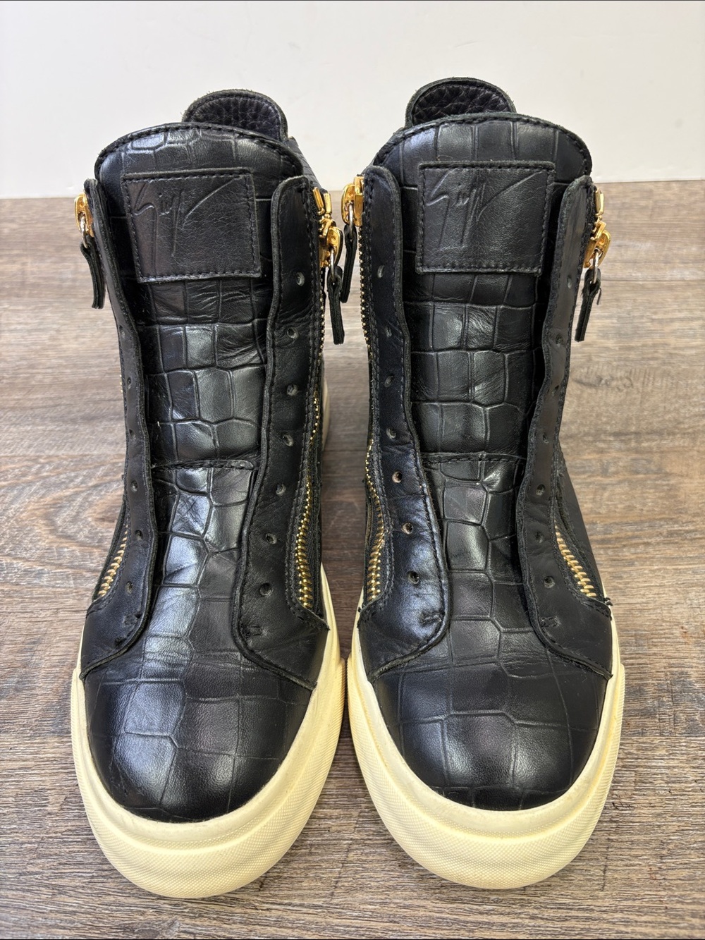 Giuseppe Zanotti Black Croc Embossed High Top Sneakers Gold Zip Italy EU 38 - Picture 2 of 11